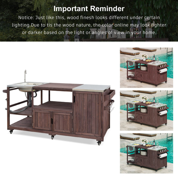 English Elm K&k Solid Fir Outdoor Kitchen Island with Sink Stainless Steel Top and Grill Cutout Brown N707S000022Z