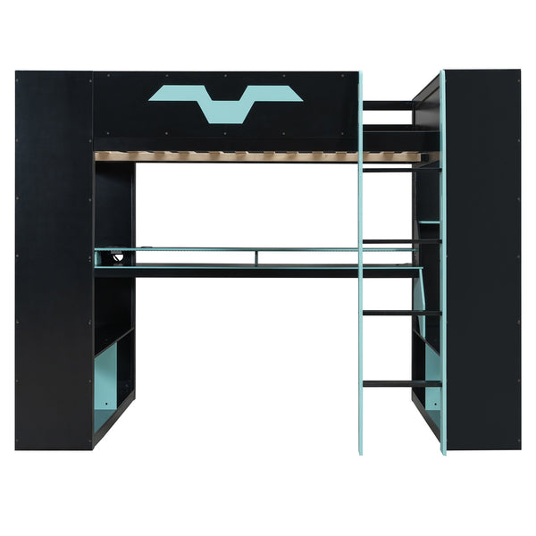English Elm Full Size Gaming Loft Bed with Rgb Lighting Built-in Desk and Usb Charging Ports Blue LT000275AAC