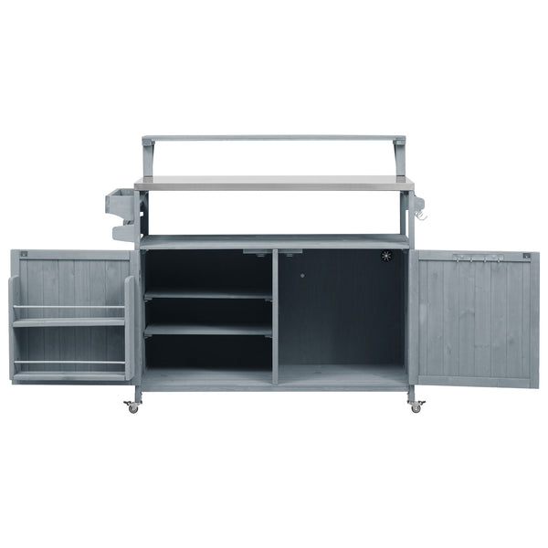 English Elm K&K 53.3" Outdoor Kitchen Island with 1.2" Stainless Top, Spacious Storage, Raised Shelf, Wheels Grey+Blue N707P250628G