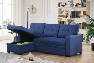 English Elm Convertible Upholstered Sectional Sofa with Pull-out Chaise Sleeper and Storage Blue B2730S00006