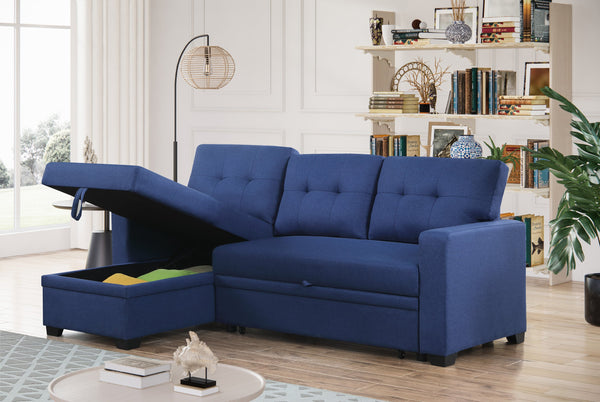 English Elm Convertible Upholstered Sectional Sofa with Pull-out Chaise Sleeper and Storage Blue B2730S00006