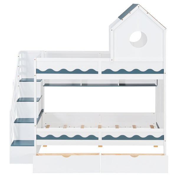 English Elm Twin Over Kids Bunk Bed with Castle Roofline Led Lights and Staircase Storage White N820S00068K