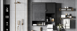 English Elm 29'' Modern Wall Mounted Medicine Cabinet with Mirror, Spacious Adjustable Shelves, Towel Bar and Durable MDF Finish Black N710P209440B