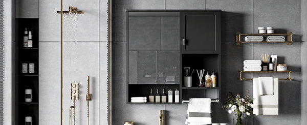 English Elm 29'' Modern Wall Mounted Medicine Cabinet with Mirror, Spacious Adjustable Shelves, Towel Bar and Durable MDF Finish Black N710P209440B