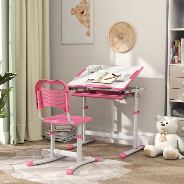 English Elm Qaba Kids Desk And Chairs Set – Height Adjustable Ergonomic Study Desk With Storage, Pink Design W2225P229616-GIGA