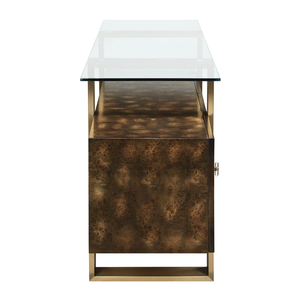English Elm Mabyn Brass & Antique Brown Console Cabinet with Tempered Glass Top, 4 Doors, 2 Drawers, Adjustable Shelf B2726P263770