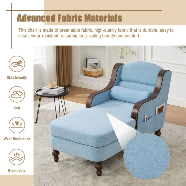 English Elm UNITED Oversized Chaise Lounge Sofa Bed with Solid Wood Arms, High-Resilience Foam, 800lb Capacity and Storage Pockets Light Blue W1568S00209