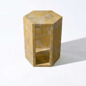 English Elm Genuine Solid Marble Hexagonal Pedestal End Table Polished Stone for Modern Living Gold W1696P407995
