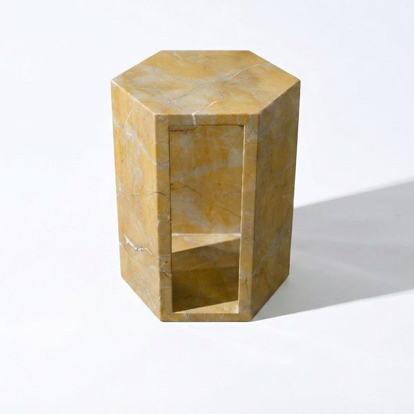 English Elm Genuine Solid Marble Hexagonal Pedestal End Table Polished Stone for Modern Living Gold W1696P407995