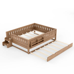 English Elm Queen Bunk Bed with Trundle Solid Pine Kids Car Themed Frame Built-in Bookshelf Natural W1580S00564