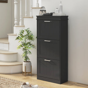 English Elm Homcom Slim Shoe Cabinet - Modern Entryway Organizer With 3 Flip Drawers For 15 Pairs, Black Finish W2225P229501