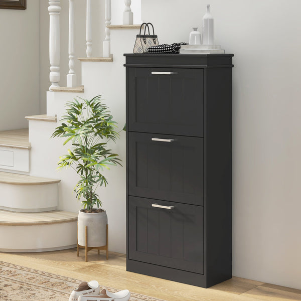 English Elm Homcom Slim Shoe Cabinet - Modern Entryway Organizer With 3 Flip Drawers For 15 Pairs, Black Finish W2225P229501