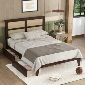 English Elm Full Full Size Bed with Rattan Headboard and Two Underbed Storage Drawers, Rubberwood Slat Support Espresso W504P269605