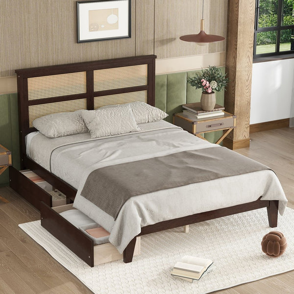 English Elm Full Full Size Bed with Rattan Headboard and Two Underbed Storage Drawers, Rubberwood Slat Support Espresso W504P269605