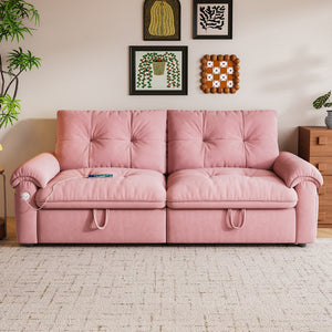 English Elm It 77-inch convertible velvet sofa bed, 2-in-1 loveseat to guest bed with steel frame, high-resilience foam comfort Pink W3820S00016