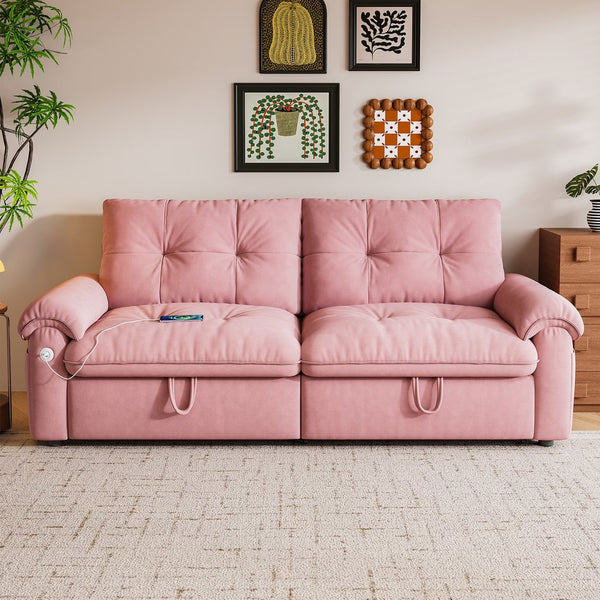 English Elm It 77-inch convertible velvet sofa bed, 2-in-1 loveseat to guest bed with steel frame, high-resilience foam comfort Pink W3820S00016