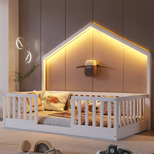 English Elm Twin Montessori Floor Bed House Frame with Led Lighting and Safety Rails for Kids White W2593P440594