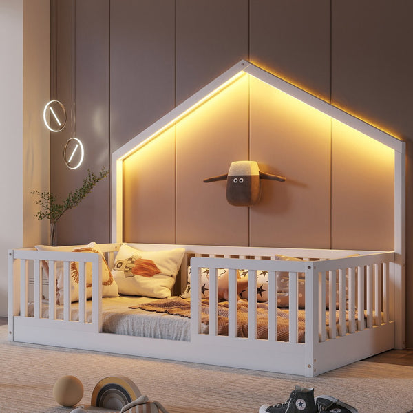 English Elm Twin Montessori Floor Bed House Frame with Led Lighting and Safety Rails for Kids White W2593P440594