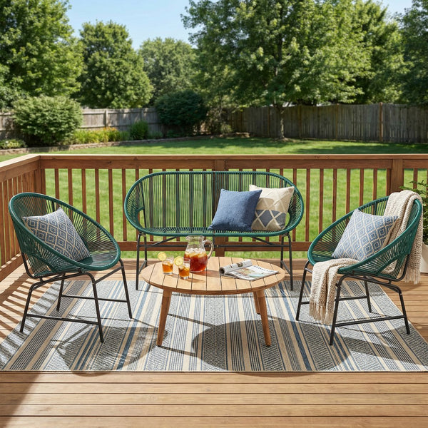 English Elm Nusa Outdoor Pe Rattan Conversation Set with Acacia Wood Coffee Table Patio Natural,Teal NUSA4PCSET-TEL