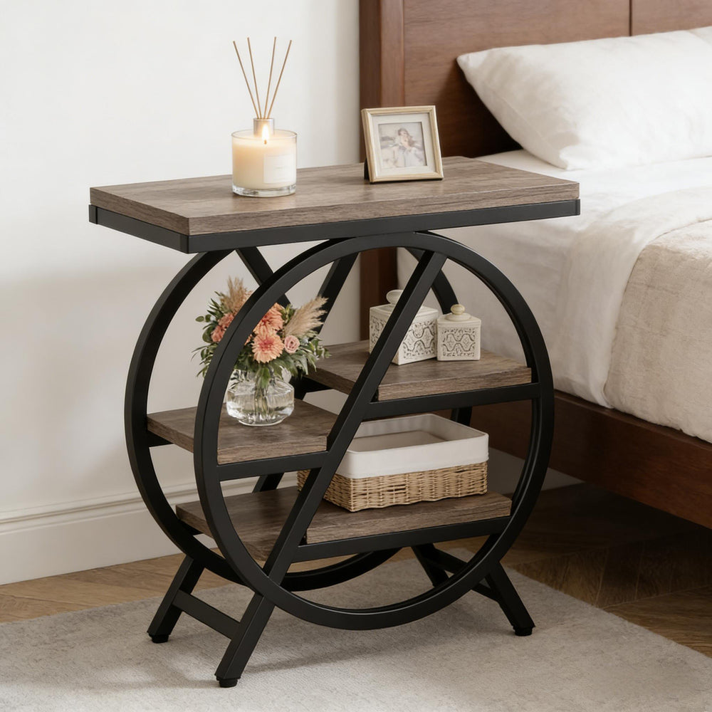 English Elm Bedside 4 Tier Open Shelf Table Matte Black Steel Frame Industrial Rustic Gray Top T3971P451289