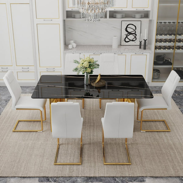 English Elm Table Set With Glass Imitation Marble Top & Gold Legs – 6 Pu Chairs For Stylish Dining & Entertaining W1151S04326-GIGA