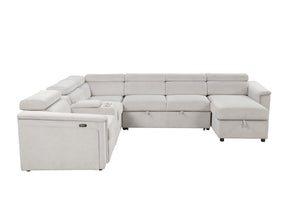 English Elm Harvey Modern power recliner sleeper sectional with storage chaise, adjustable headrests, cupholders and hidden compartments Beige B009S01608