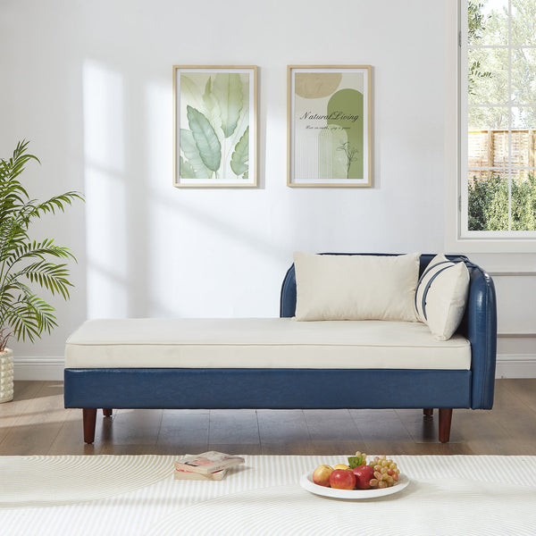 English Elm 65" Velvet Storage Chaise Lounge with Pu Leather Panels Eucalyptus Frame Accent Seat Beige+Blue W1097P434117