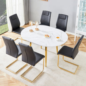 English Elm Table and 6 Chair Extendable Mdf Dining Set with Gold Arched Legs Modern Style Black,White+Gold W1151S03946