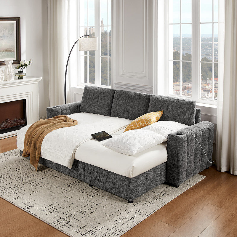 English Elm Noemi Gray Chenille Sleeper Sectional with Storage Chaise and Usb Charging Ports B2749S00274