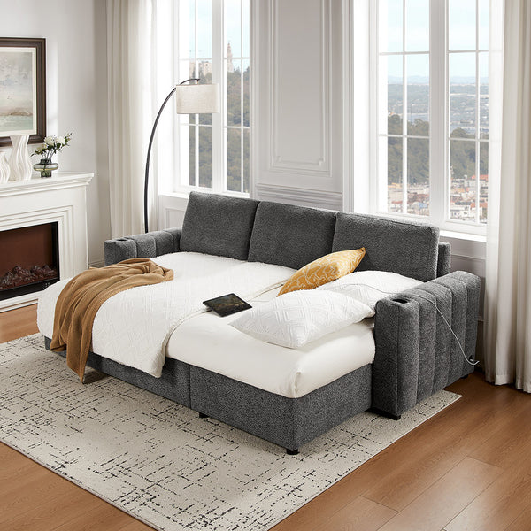 English Elm Noemi Gray Chenille Sleeper Sectional with Storage Chaise and Usb Charging Ports B2749S00274
