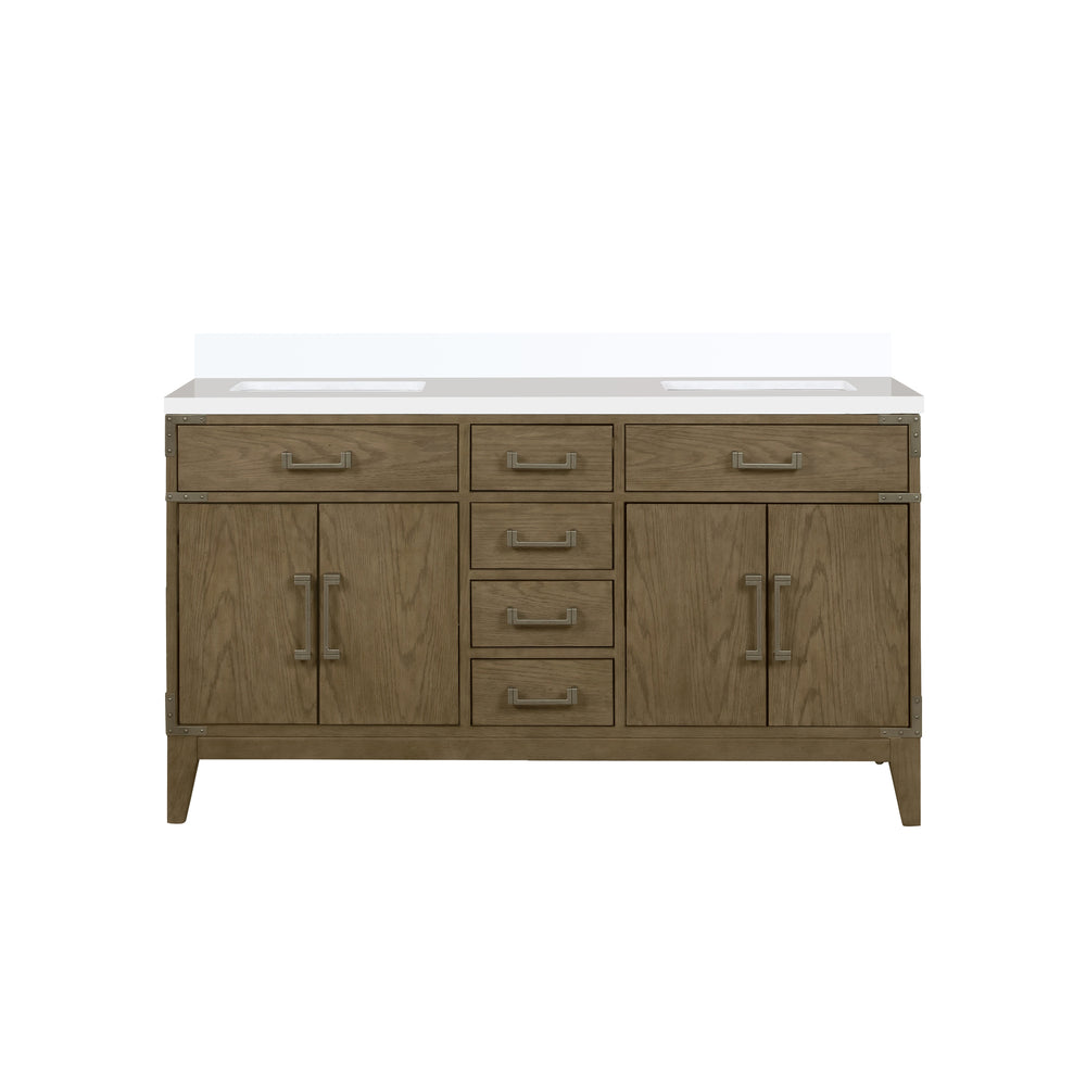 English Elm Grey Oak Double Bath Vanity With White Quartz Top – Stylish 60” W X 22” D, Ample Storage & Soft-Close B2731P259855