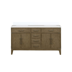 English Elm Grey Oak Double Bath Vanity With White Quartz Top – Stylish 60” W X 22” D, Ample Storage & Soft-Close B2731P259855