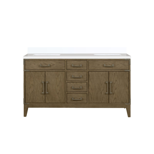 English Elm Grey Oak Double Bath Vanity With White Quartz Top – Stylish 60” W X 22” D, Ample Storage & Soft-Close B2731P259855