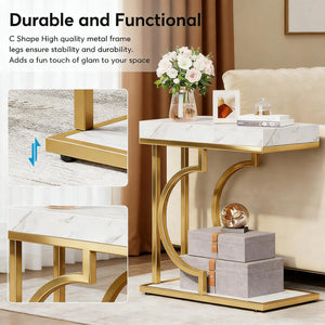 English Elm Stable C-shaped Side Table Faux Marble Top Gold Metal Frame Sofa Arm Accent T3971P446749