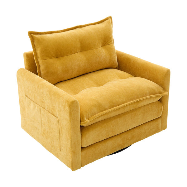 English Elm UNITED Swivel Barrel Chair with Chenille Upholstery, 360° Smooth Rotation, Padded Arm Comfort and Side Pockets for Living Room Relaxation Mustard yellow W1568P290085