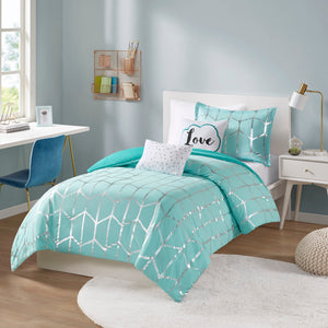 JLA Home Intelligent Design - Metallic ultra-soft microfiber comforter set with geometric metallic print, antimicrobial protection, hotel-inspired style Aqua/Silver ID10-1240