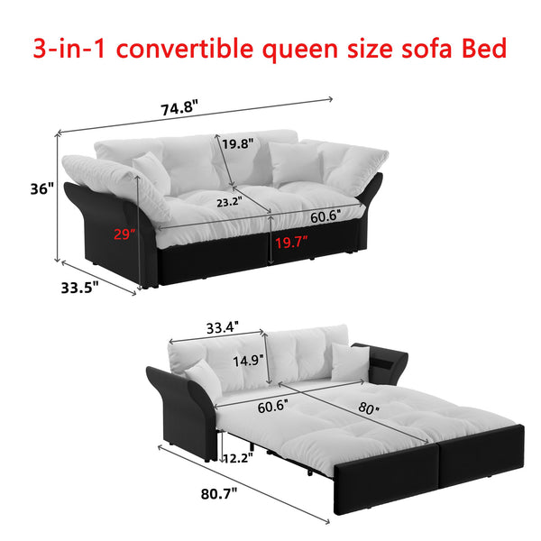 English Elm 74.4" Queen Velvet Sleeper Sofa Artisan Floral Tufted Cushions Converts for Guest Rooms Grey W1885S00170