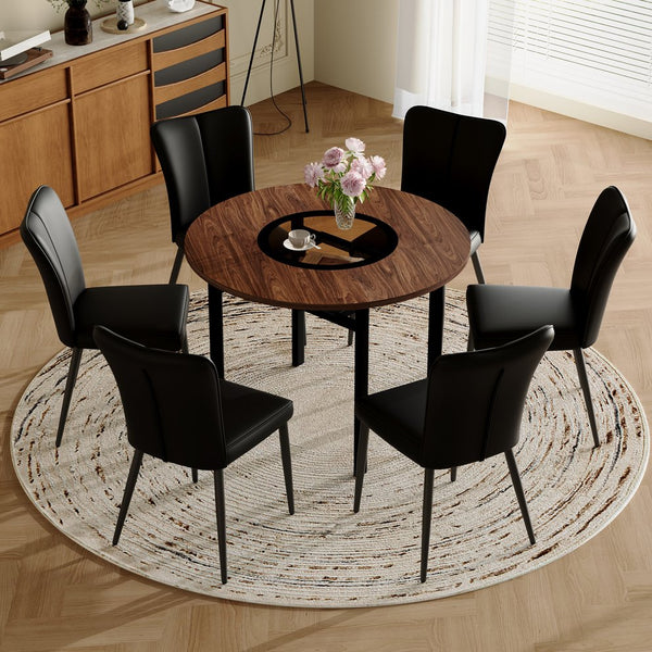 English Elm Table and Chair Set 42 Inch Round Wood Grain Dining with Glass Inlay Six Pu Seats Brown+Black W1151S04496