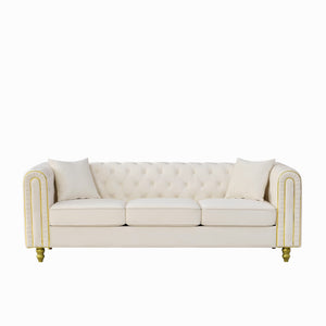 English Elm 86" Chesterfield Velvet Three Seat Sofa Button Tufted Rolled Arms Gold Legs Living Room Beige W3373S00079