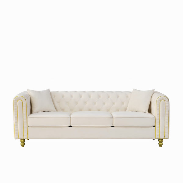 English Elm 86" Chesterfield Velvet Three Seat Sofa Button Tufted Rolled Arms Gold Legs Living Room Beige W3373S00079
