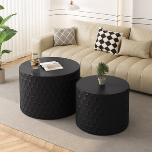 English Elm Stylish Honeycomb Nesting Coffee Tables Set — Modern Round Drum Design, Durable MDF, Space-Saving Pair Black W757P206009