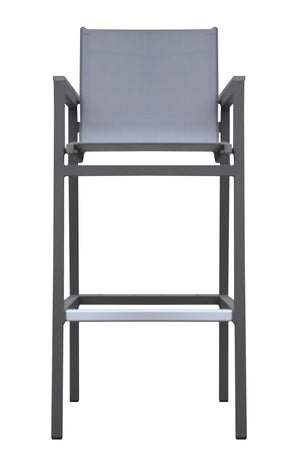 English Elm Noverra Gray Outdoor Patio Barstool – Lightweight Aluminum Frame, Wood Accent Arms, UV‑Resistant Sling B2736P268521