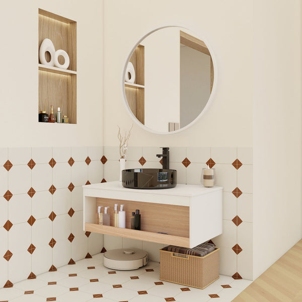 English Elm 36" Floating Bathroom Vanity Light Oak Modular Cabinet with Gel Coat Integrated Sink White + Light Oak,White+Black W3450S00065