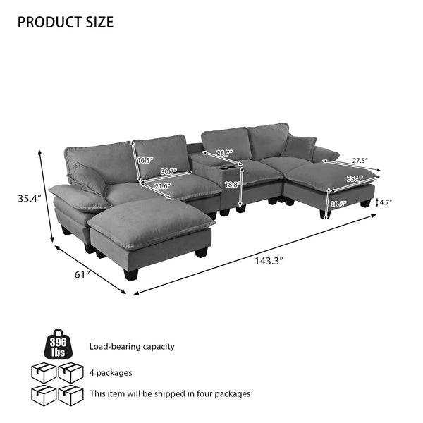 English Elm Modular Cloud Sofa U-shape Chenille Sectional with Storage Usb Charging Ottomans Grey W3163S00124