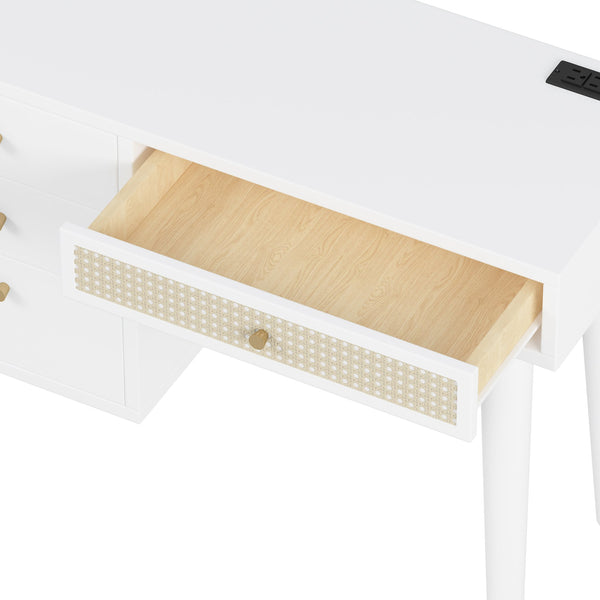 English Elm 39" Retro Bohemian Makeup Vanity Set with Rattan Drawers, USB Charging Port, Cushioned Stool, 4-Drawer Storage White 44.1 L x 18.75 W x 10.5 H N733P180011K