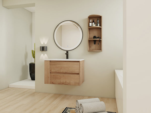 English Elm 30" Wall-Mounted Bathroom Vanity With Ceramic Sink, 2 Soft-Close Drawers & Space-Saving Rack W999S00343