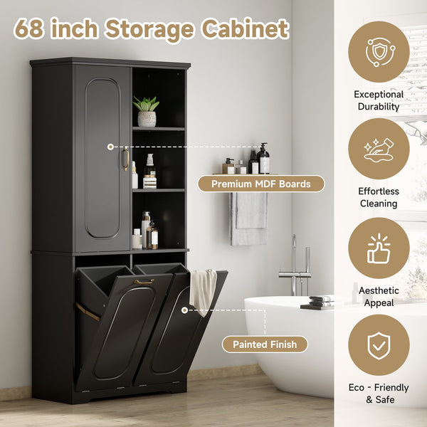 English Elm [video] Freestanding 68 Inch Tall Storage Cabinet with Tilt Out Hampers and Soft Close Door Black N759S427900B