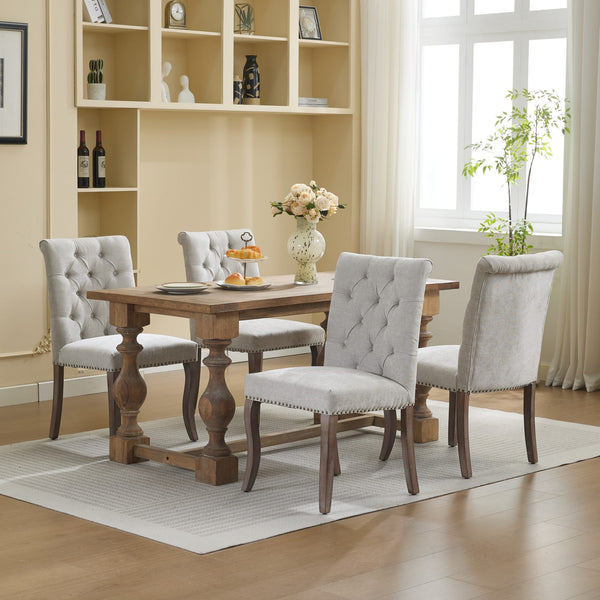 English Elm Upholstered Chenille Tufted Dining Chairs Set of 2 with Curved Wood Legs Club Style Beige W1143P457780