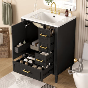 English Elm 24" Olive Bathroom Vanity Solid Wood Frame Ceramic Sink Gold Hardware Soft Close Black N729P373272B