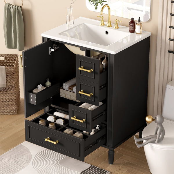 English Elm 24" Olive Bathroom Vanity Solid Wood Frame Ceramic Sink Gold Hardware Soft Close Black N729P373272B